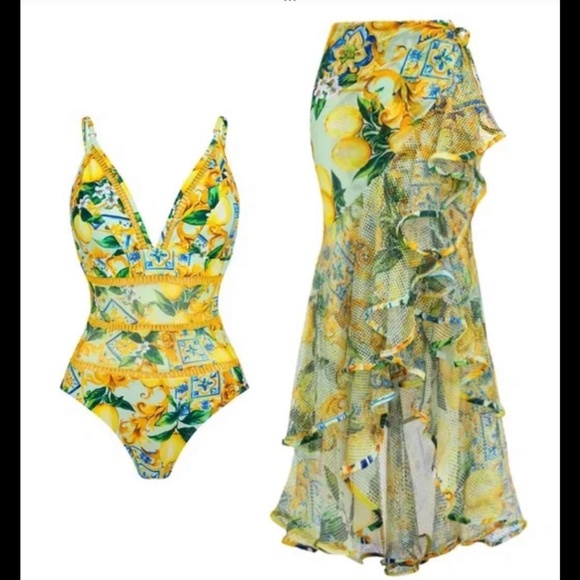 Flaxmaker Other - FLAXMAKER Lemons & Tiles Bathing / Swimsuit One Piece w/ Sarong Wrap Sz S / M